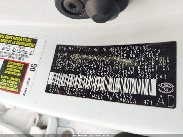 45065408 :رقم المزاد ، 2T1BURHE8GC678609 vin ، 2016 Toyota Corolla Le مزاد بيع