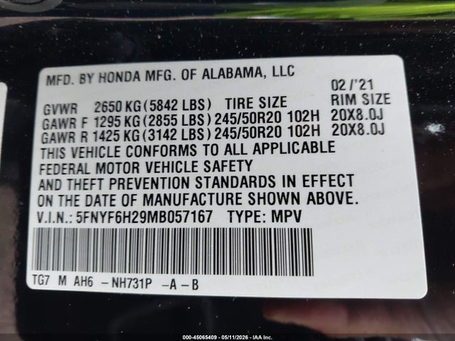 Продажа на аукционе авто 2021 Honda Pilot Awd Special Edition, vin: 5FNYF6H29MB057167, номер лота: 45065409