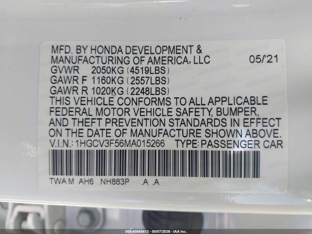Продаж на аукціоні авто 2021 Honda Accord Hybrid Ex-l, vin: 1HGCV3F56MA015266, номер лоту: 45065413