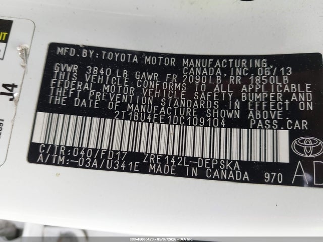 2013 Toyota Corolla S მანქანა იყიდება აუქციონზე, vin: 2T1BU4EE1DC109104, აუქციონის ნომერი: 45065423