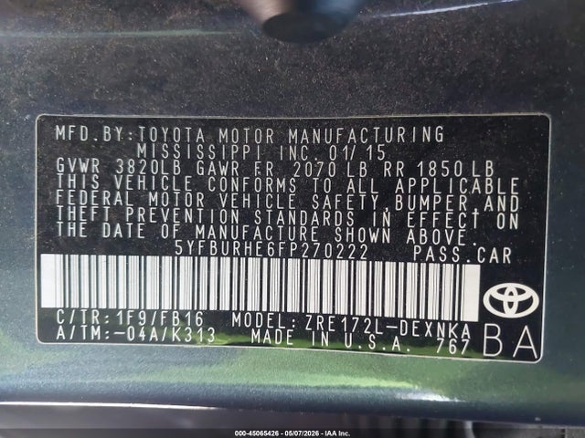 45065426 :رقم المزاد ، 5YFBURHE6FP270222 vin ، 2015 Toyota Corolla Le Plus مزاد بيع