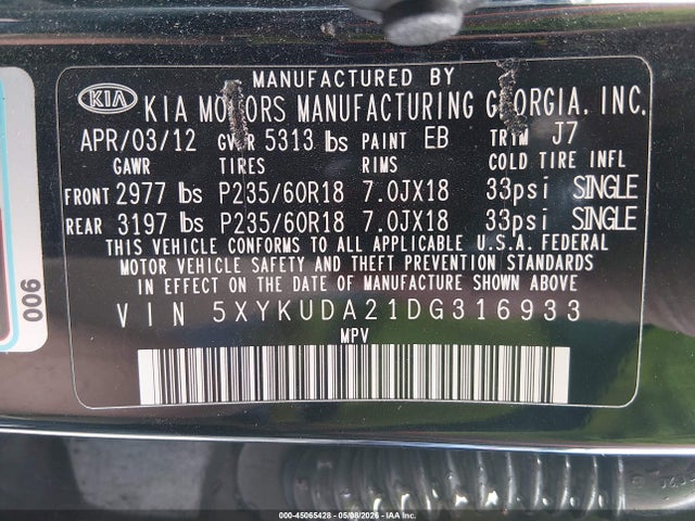 Продаж на аукціоні авто 2013 Kia Sorento Ex V6, vin: 5XYKUDA21DG316933, номер лоту: 45065428