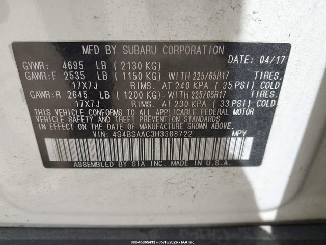 Aukcja sprzedaży 2017 Subaru Outback 2.5i, vin: 4S4BSAAC3H3388722, numer aukcji: 45065433