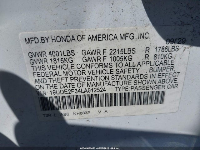 45065450 :رقم المزاد ، 19UDE2F34LA012524 vin ، 2020 Acura Ilx Standard مزاد بيع