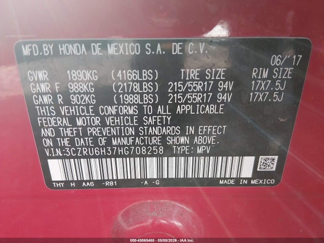 Продаж на аукціоні авто 2017 Honda Hr-v Lx, vin: 3CZRU6H37HG708258, номер лоту: 45065468