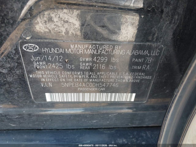Продаж на аукціоні авто 2013 Hyundai Sonata Gls, vin: 5NPEB4AC0DH547746, номер лоту: 45065470