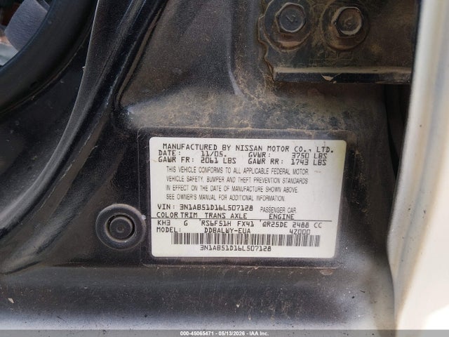 2006 Nissan Sentra Se-r Spec V მანქანა იყიდება აუქციონზე, vin: 3N1AB51D16L507128, აუქციონის ნომერი: 45065471