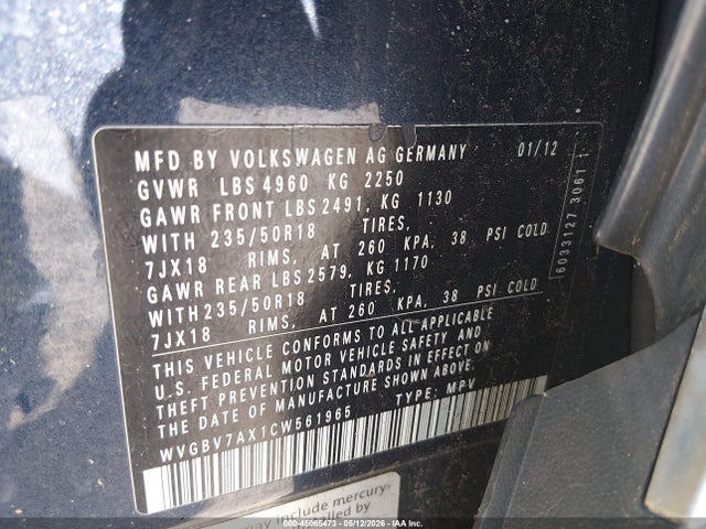 Продаж на аукціоні авто 2012 Volkswagen Tiguan Se, vin: WVGBV7AX1CW561965, номер лоту: 45065473