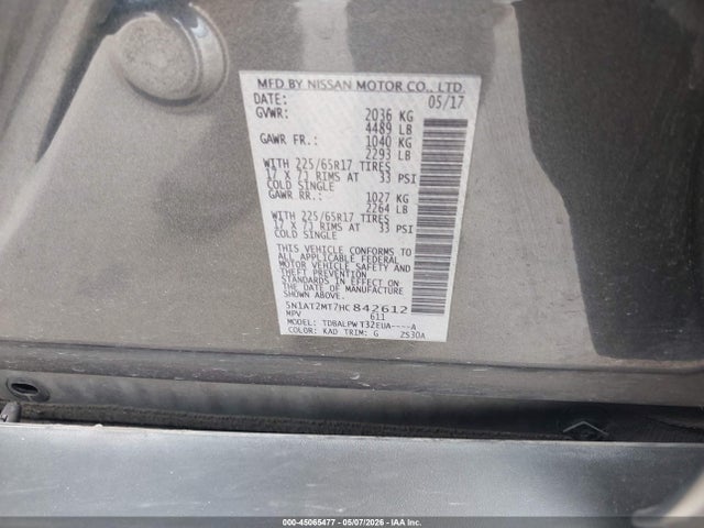 Aukcja sprzedaży 2017 Nissan Rogue S, vin: 5N1AT2MT7HC842612, numer aukcji: 45065477