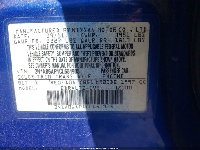 Продажа на аукционе авто 2012 Nissan Sentra 2.0 Sr, vin: 3N1AB6AP1CL651905, номер лота: 45065480
