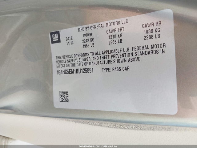 Продаж на аукціоні авто 2011 Buick Lucerne Cxl, vin: 1G4HC5EM1BU125891, номер лоту: 45065481