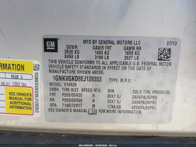 Chevrolet Traverse 1lt 2014 1GNKVGKD8EJ128353 Image 9