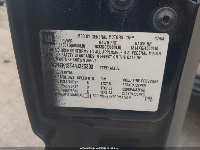 45065494 :رقم المزاد ، 1GNEK13T44J325303 vin ، 2004 Chevrolet Tahoe Lt مزاد بيع