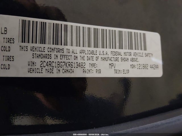 45065500 :رقم المزاد ، 2C4RC1BG7KR613482 vin ، 2019 Chrysler Pacifica Touring L مزاد بيع
