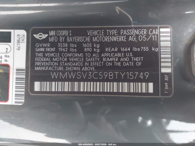 Продаж на аукціоні авто 2011 Mini Cooper S, vin: WMWSV3C59BTY15749, номер лоту: 45065502