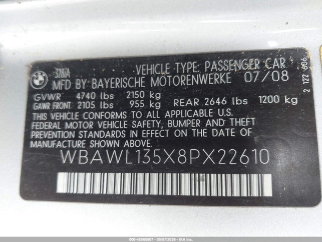 Aukcja sprzedaży 2008 Bmw 328i, vin: WBAWL135X8PX22610, numer aukcji: 45065507