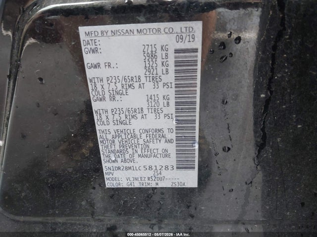 45065512 :رقم المزاد ، 5N1DR2BM1LC581283 vin ، 2020 Nissan Pathfinder Sv 4wd مزاد بيع