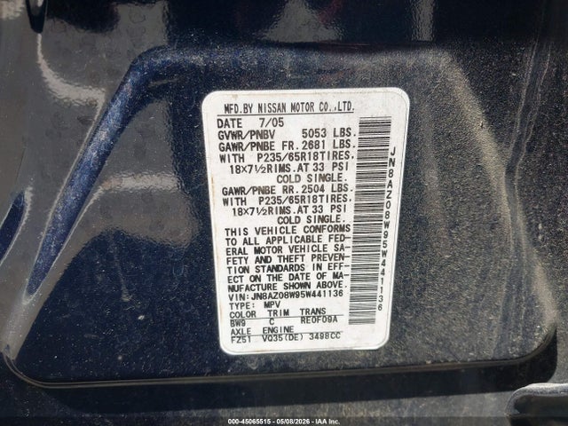 Продажа на аукционе авто 2005 Nissan Murano Sl, vin: JN8AZ08W95W441136, номер лота: 45065515