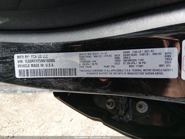 Продаж на аукціоні авто 2022 Ram 1500 Limited  4x4 5'7 Box, vin: 1C6SRFHT5NN100905, номер лоту: 45065522