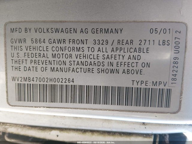 Aukcja sprzedaży 2002 Volkswagen Eurovan Mv, vin: WV2MB47002H002264, numer aukcji: 45065533