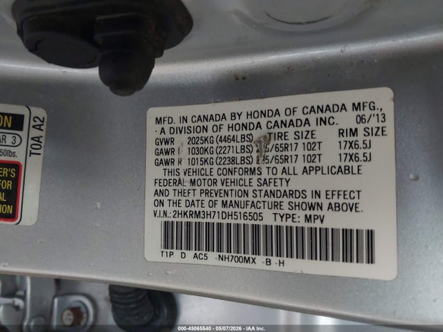 Продажа на аукционе авто 2013 Honda Cr-v Ex-l, vin: 2HKRM3H71DH516505, номер лота: 45065540