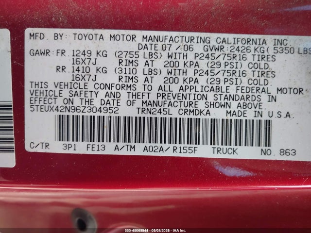 Aukcja sprzedaży 2006 Toyota Tacoma, vin: 5TEUX42N96Z304952, numer aukcji: 45065544