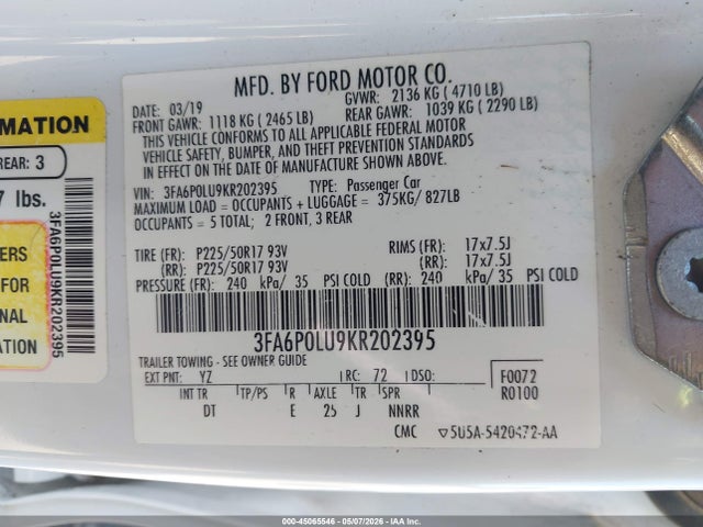 Ford Fusion Hybrid Se 2019 3FA6P0LU9KR202395 Image 9