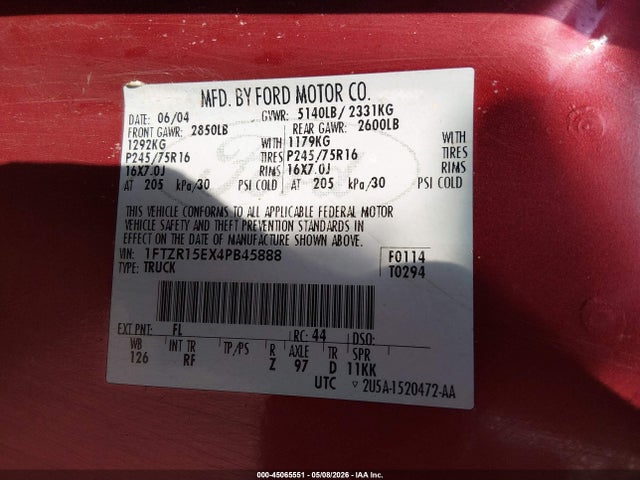 2004 Ford Ranger Xlt მანქანა იყიდება აუქციონზე, vin: 1FTZR15EX4PB45888, აუქციონის ნომერი: 45065551