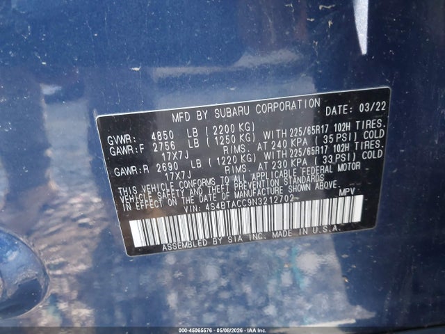 Aukcja sprzedaży 2022 Subaru Outback Premium, vin: 4S4BTACC9N3212702, numer aukcji: 45065576
