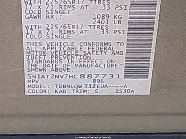Aukcja sprzedaży 2017 Nissan Rogue Sv, vin: 5N1AT2MV7HC887731, numer aukcji: 45065579