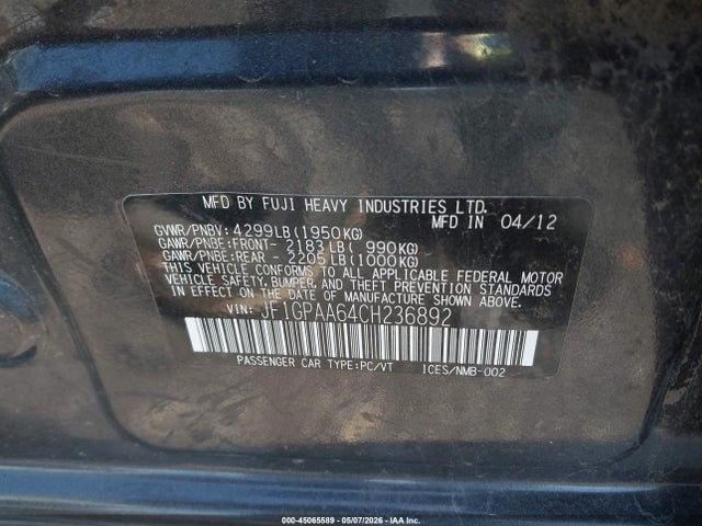 45065589 :رقم المزاد ، JF1GPAA64CH236892 vin ، 2012 Subaru Impreza 2.0i مزاد بيع