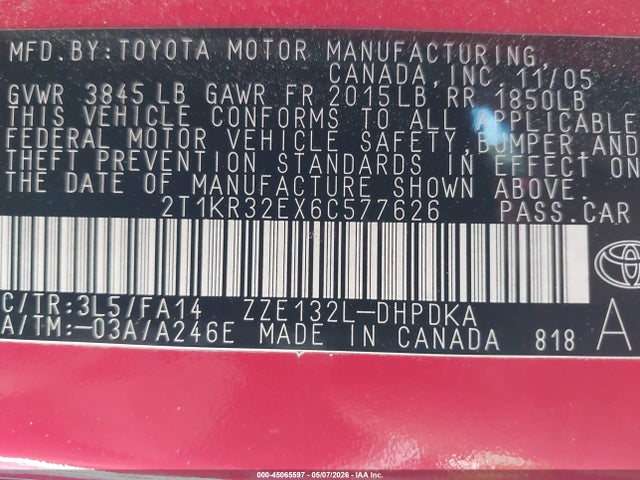 45065597 :رقم المزاد ، 2T1KR32EX6C577626 vin ، 2006 Toyota Matrix Xr مزاد بيع