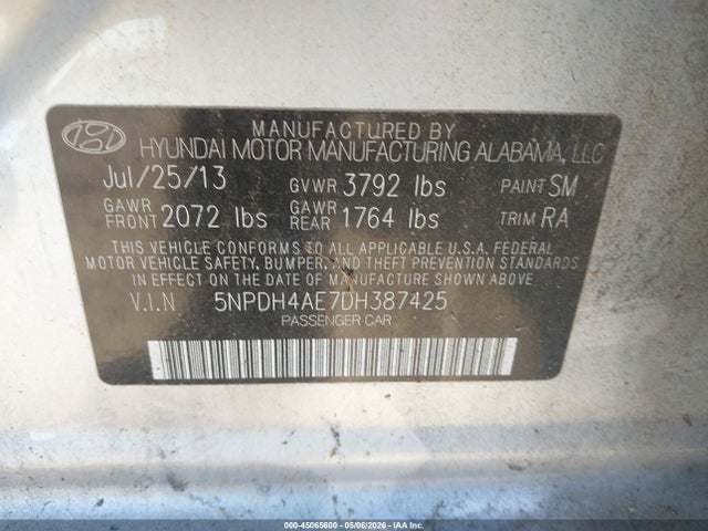 Продажа на аукционе авто 2013 Hyundai Elantra Gls, vin: 5NPDH4AE7DH387425, номер лота: 45065600