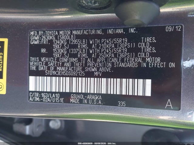 Aukcja sprzedaży 2013 Toyota Highlander Limited V6, vin: 5TDYK3EH5DS092125, numer aukcji: 45065609