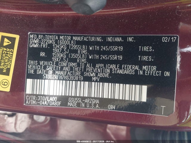 Toyota Highlander Limited Platinum 2017 5TDDZRFH7HS393819 Image 9