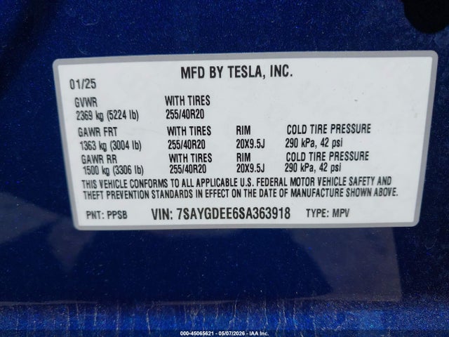 Aukcja sprzedaży 2025 Tesla Model Y Long Range Dual Motor All-wheel Drive, vin: 7SAYGDEE6SA363918, numer aukcji: 45065621