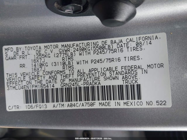 Продаж на аукціоні авто 2015 Toyota Tacoma Base V6, vin: 3TMLU4EN1FM165414, номер лоту: 45065624