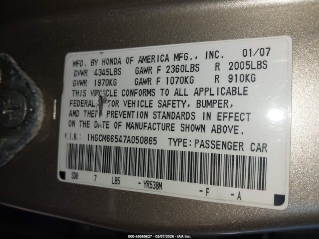 Продажа на аукционе авто 2007 Honda Accord 3.0 Ex, vin: 1HGCM66547A050865, номер лота: 45065627