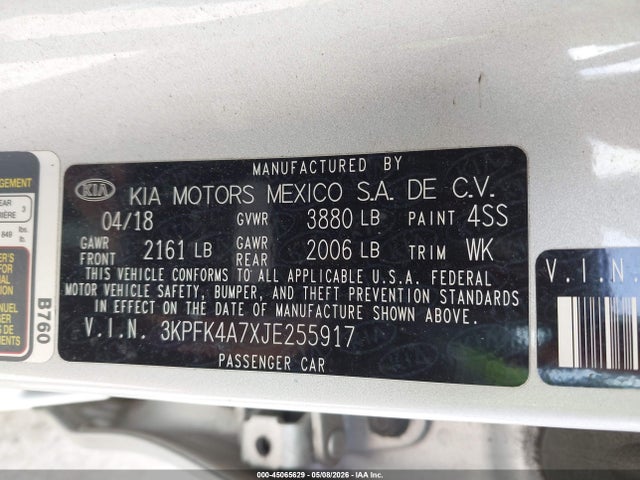 Aukcja sprzedaży 2018 Kia Forte Lx, vin: 3KPFK4A7XJE255917, numer aukcji: 45065629