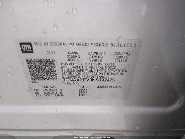 Продаж на аукціоні авто 2022 Chevrolet Equinox Awd Premier, vin: 3GNAXXEV0NS192475, номер лоту: 45065635
