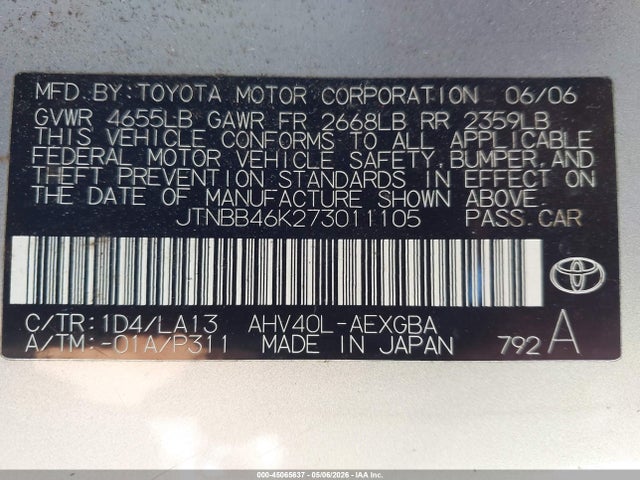 Продаж на аукціоні авто 2007 Toyota Camry Hybrid, vin: JTNBB46K273011105, номер лоту: 45065637