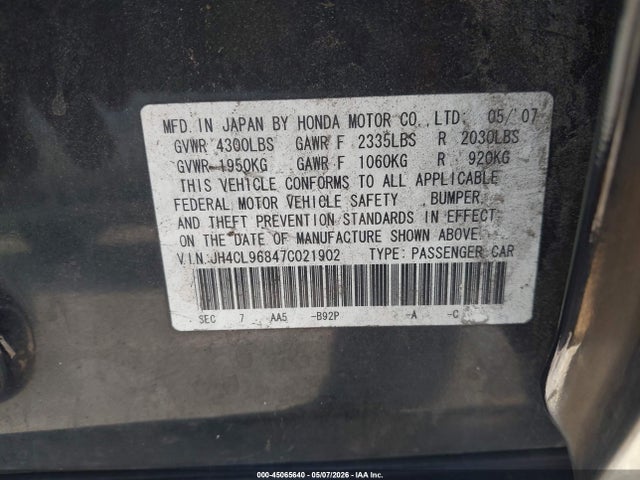 45065640 :رقم المزاد ، JH4CL96847C021902 vin ، 2007 Acura Tsx مزاد بيع