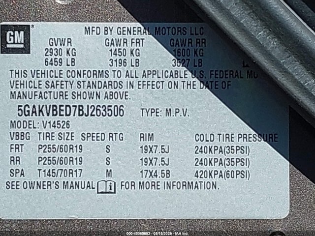 45065652 :رقم المزاد ، 5GAKVBED7BJ263506 vin ، 2011 Buick Enclave 1xl مزاد بيع