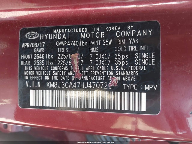 45065656 :رقم المزاد ، KM8J3CA47HU470721 vin ، 2017 Hyundai Tucson Se مزاد بيع
