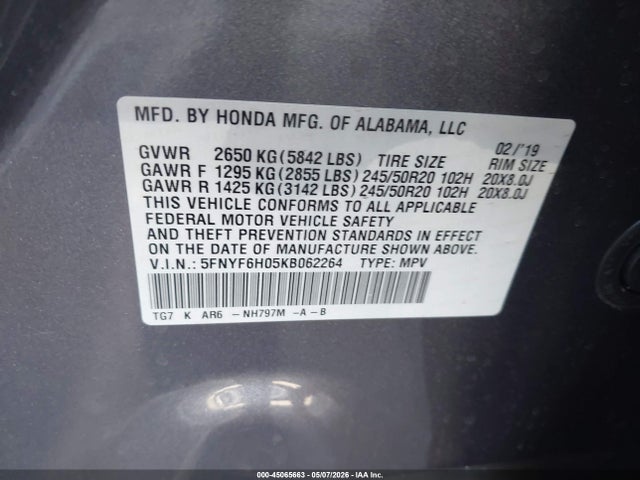 Aukcja sprzedaży 2019 Honda Pilot Elite, vin: 5FNYF6H05KB062264, numer aukcji: 45065663