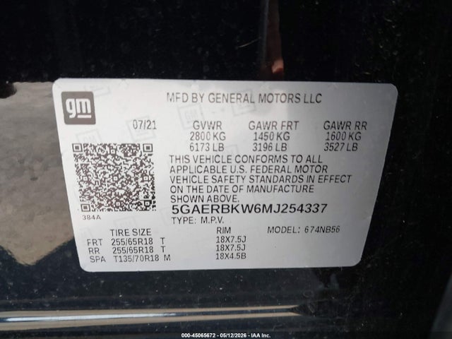 45065672 :رقم المزاد ، 5GAERBKW6MJ254337 vin ، 2021 Buick Enclave Fwd Essence مزاد بيع