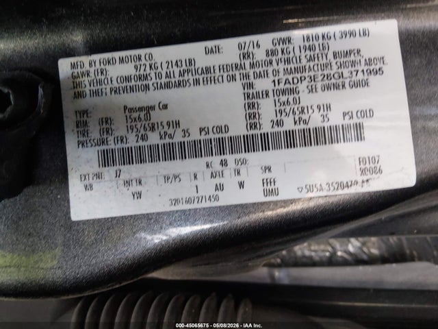 Продаж на аукціоні авто 2016 Ford Focus S, vin: 1FADP3E28GL371995, номер лоту: 45065675