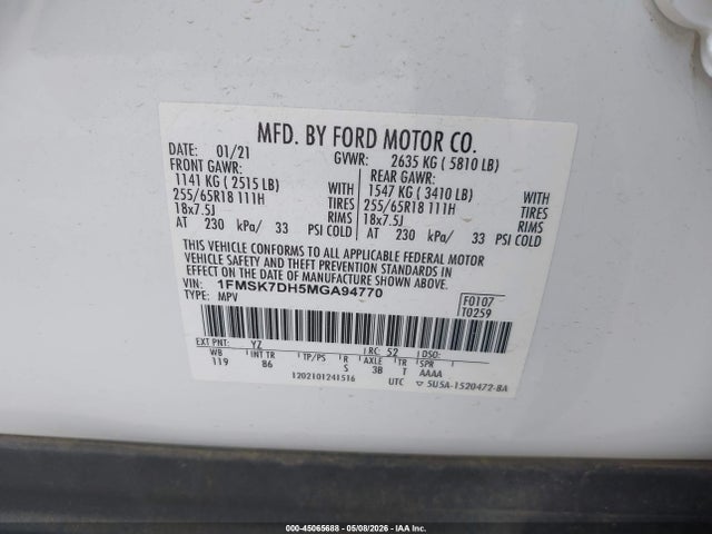 Aukcja sprzedaży 2021 Ford Explorer Xlt, vin: 1FMSK7DH5MGA94770, numer aukcji: 45065688