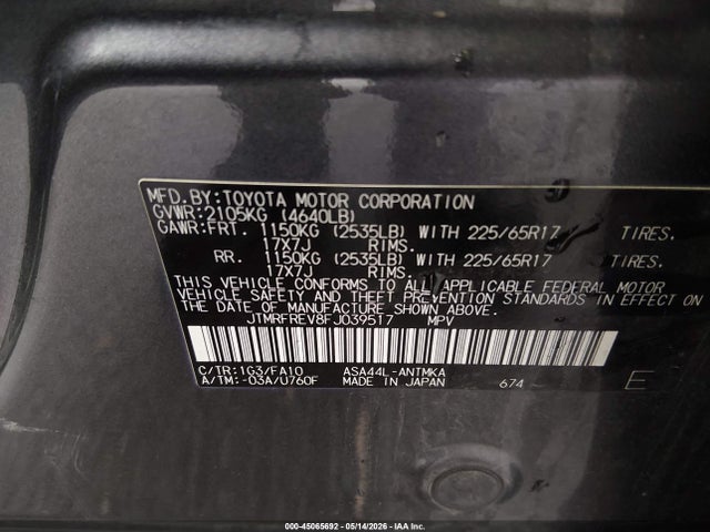 45065692 :رقم المزاد ، JTMRFREV8FJ039517 vin ، 2015 Toyota Rav4 Xle مزاد بيع