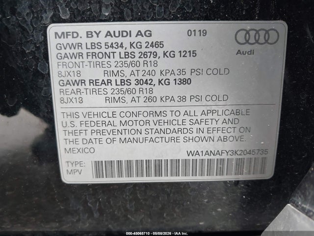 Aukcja sprzedaży 2019 Audi Q5 45 Premium, vin: WA1ANAFY3K2045735, numer aukcji: 45065710